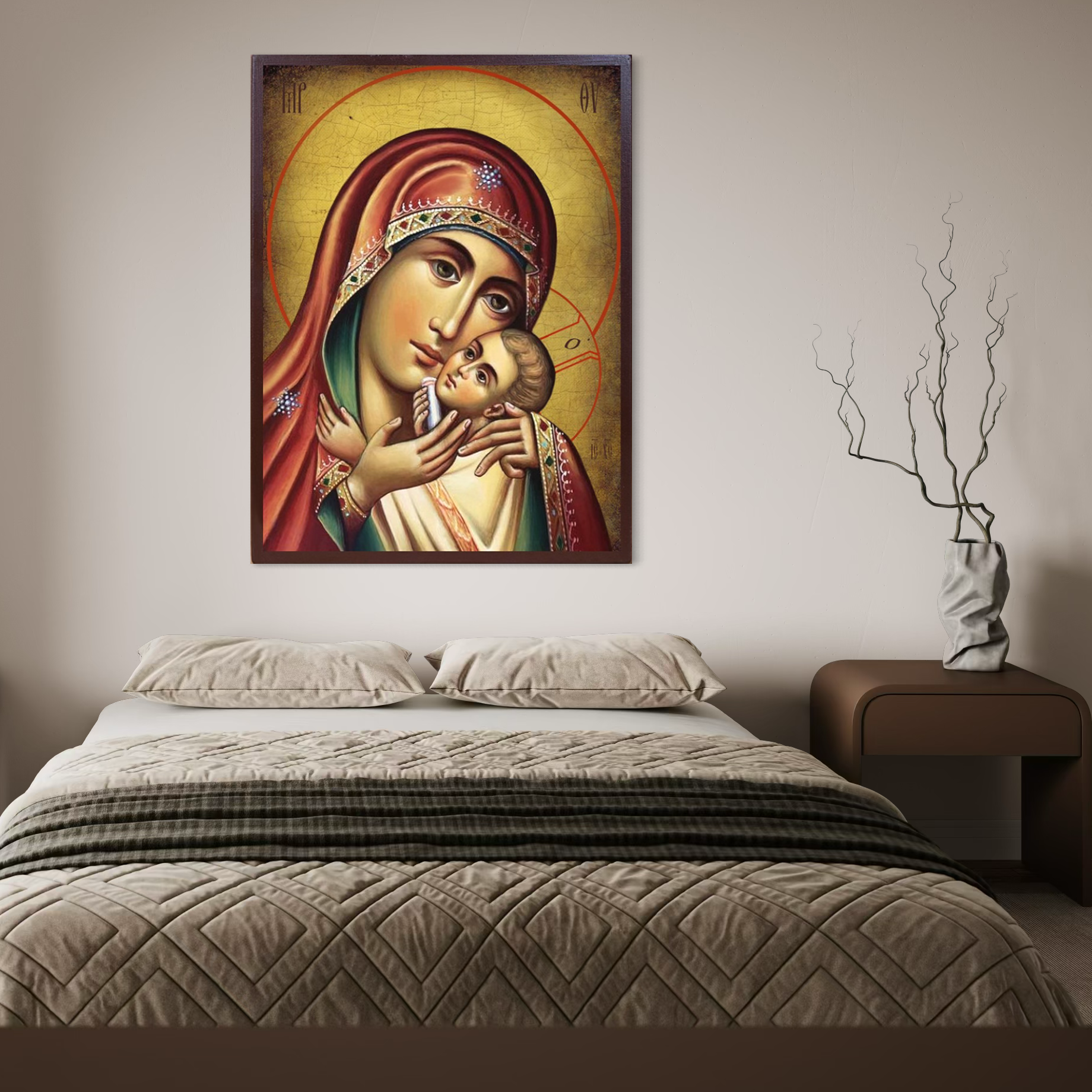 Imagine cu icoana ortodoxa a maicii domnului cu pruncul, tiparita pe panza canvas